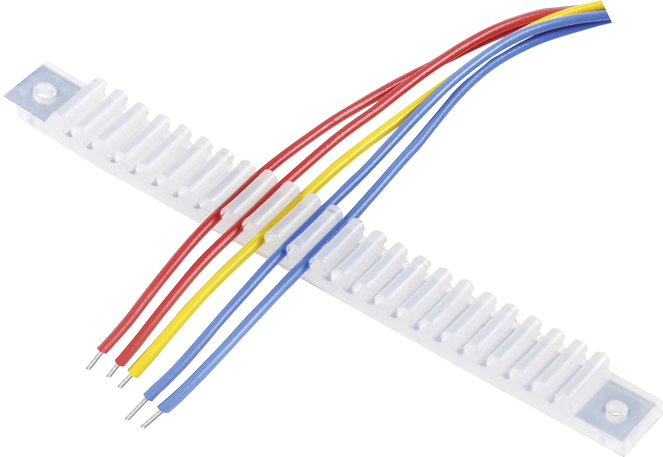 A white cable trunking with red, yellow, and blue cables guided through plastic mounting brackets.