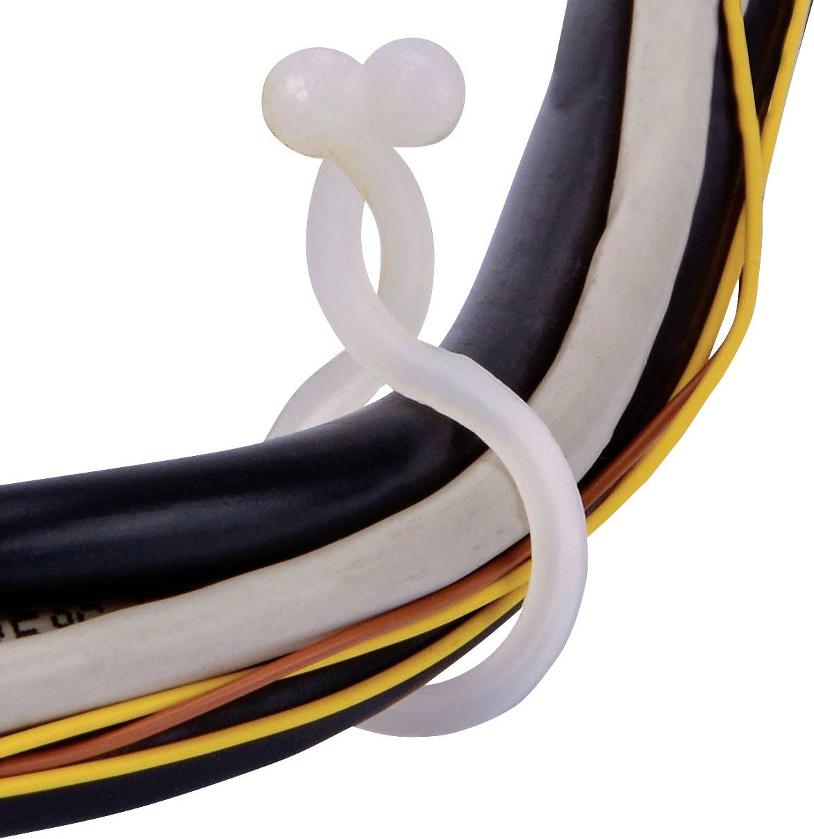 A white cable tie holds together several braided cables, including black, white, and yellow ones.