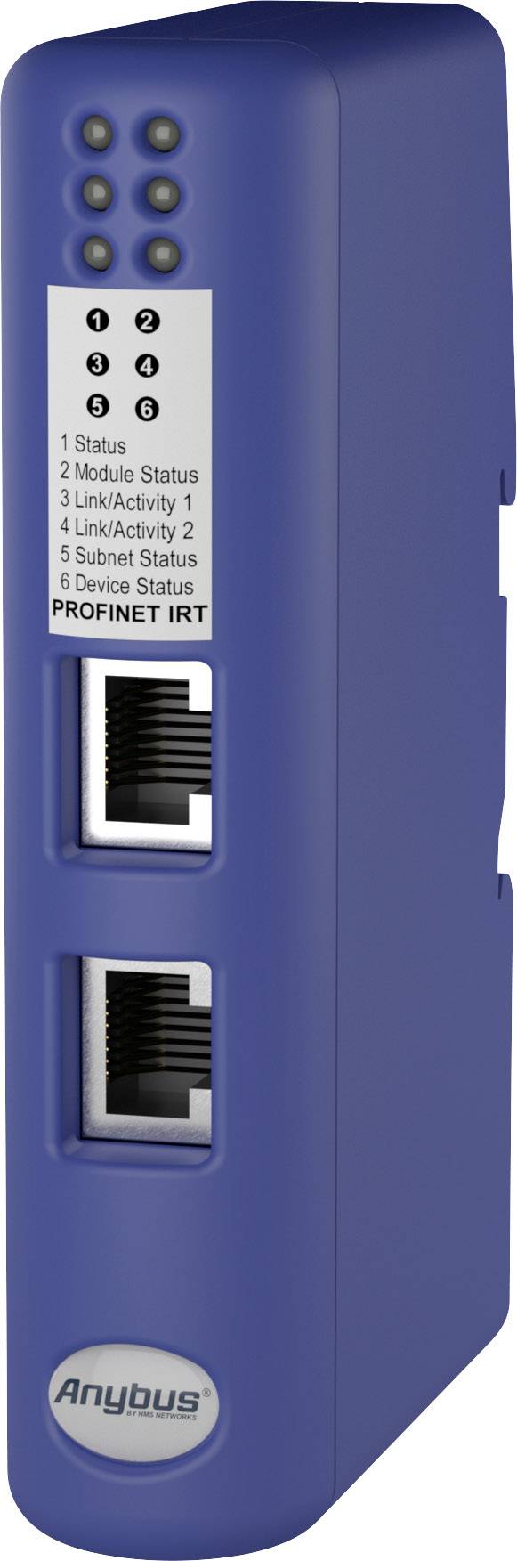 Blue network module with status indicator at the top and two Ethernet ports. Label with 6 status legends, including 'PROFINET IRT'.