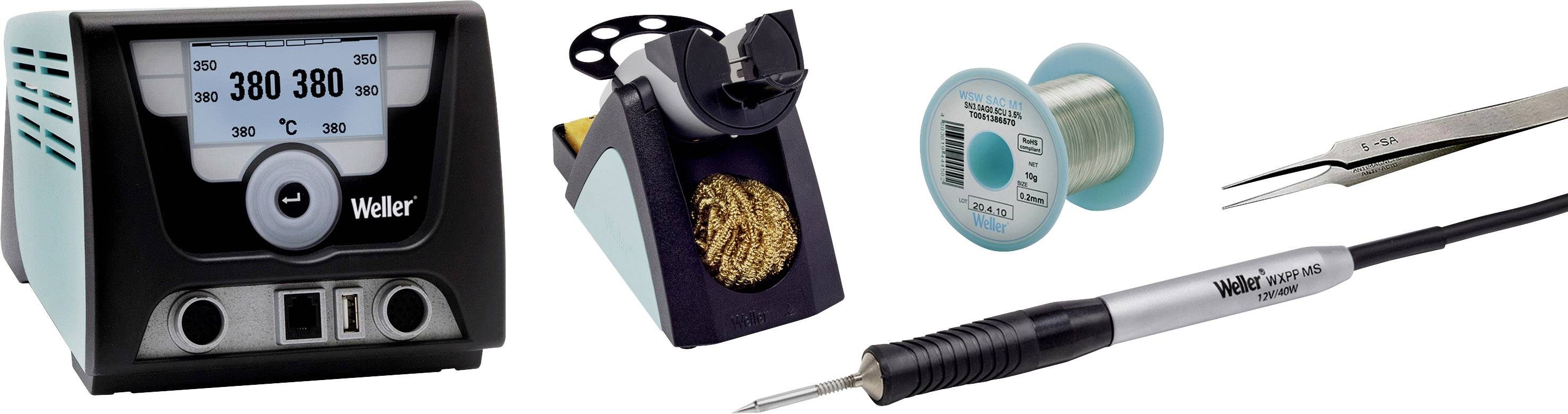 Weller soldering station with temperature display, soldering iron stand, solder reel and tweezers. Main unit shows '380°C'.
