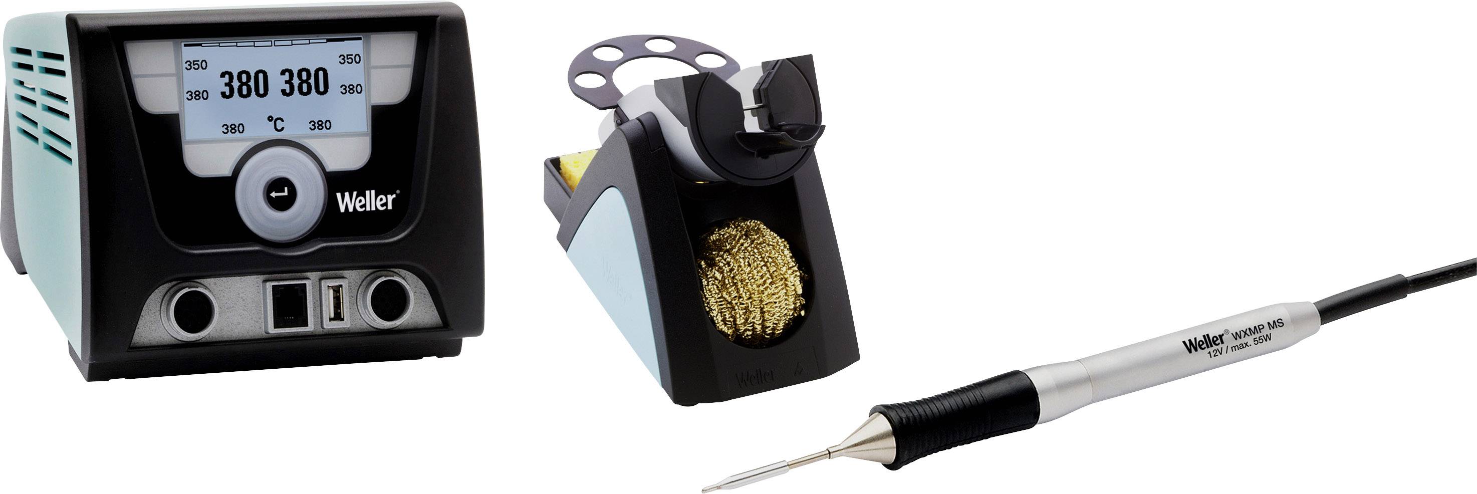 Soldering station with digital display at 380°C, soldering iron and stand with brass sponge. Weller brand, suitable for precision soldering.