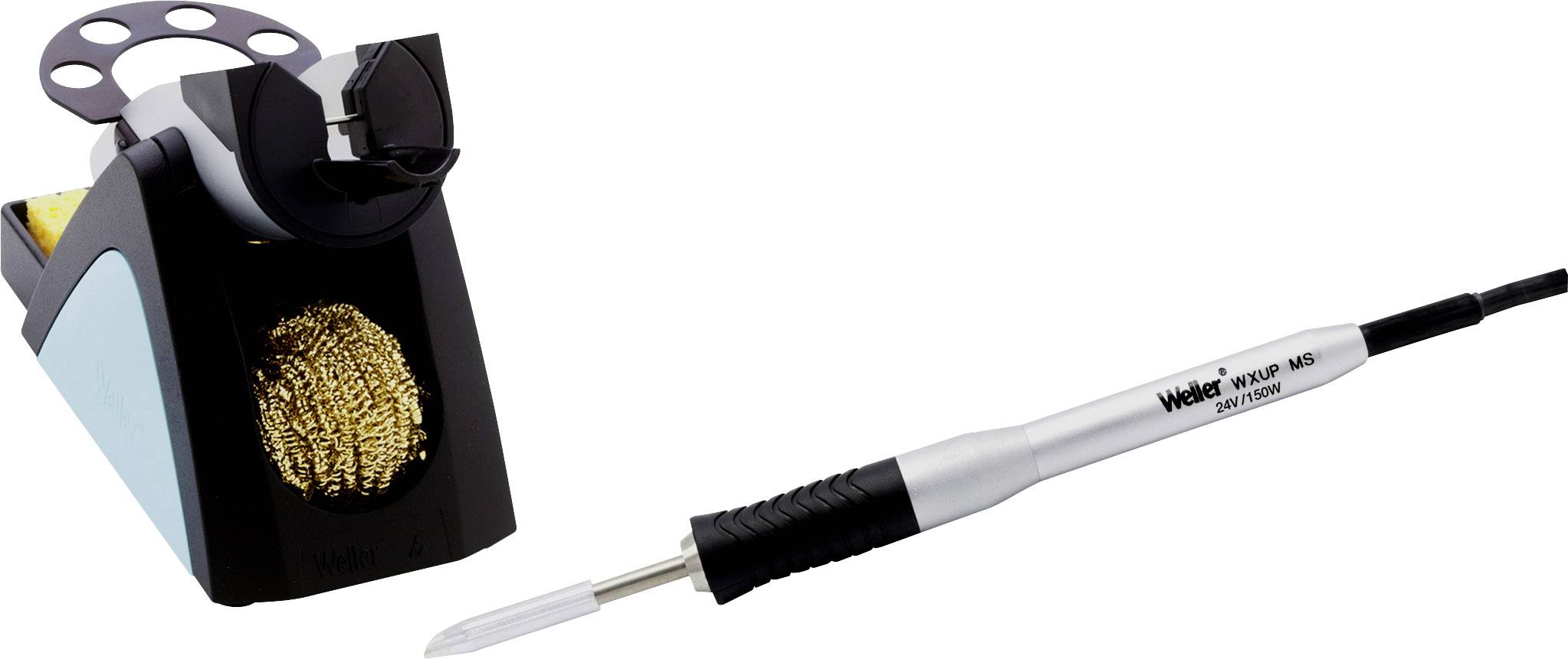 A soldering station kit with soldering tip, stand and cleaning pad. Developed for precise soldering of electronic components.