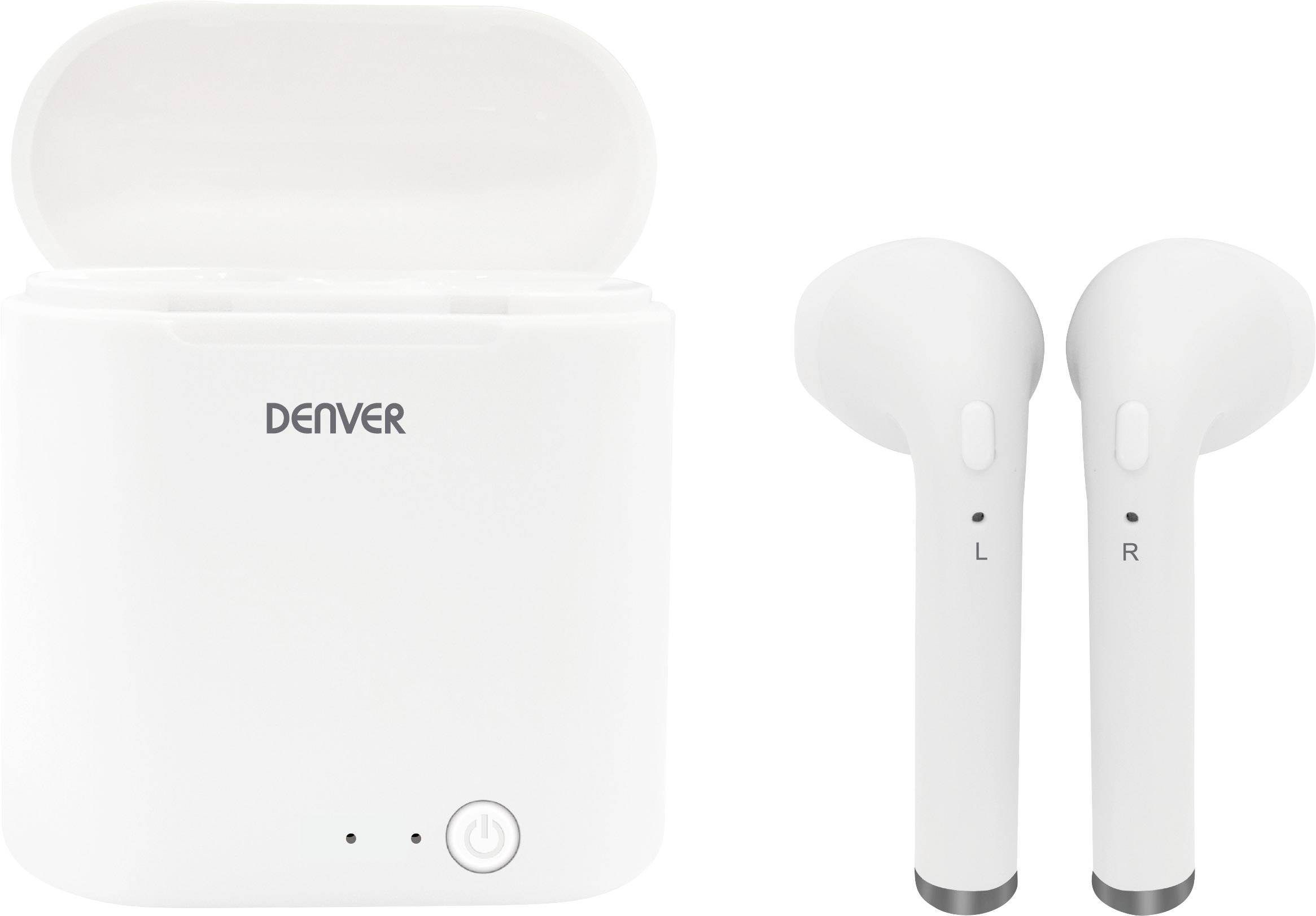 Wireless white earbuds with charging case. Brand name 'DENVER' on the case.