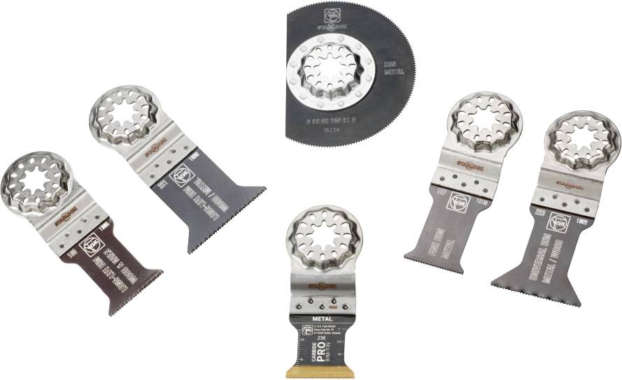 Various oscillating saw blades in different shapes and sizes, suitable for woodworking and metalworking.