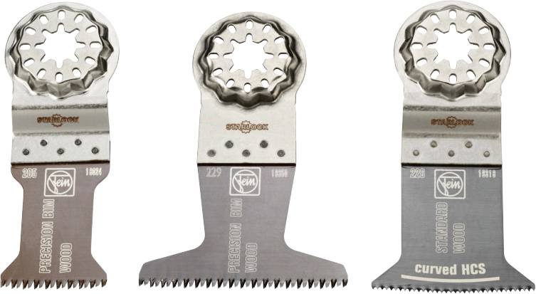 Three oscillating saw blades with different cutting edges, suitable for precision work, shown vertically side by side.