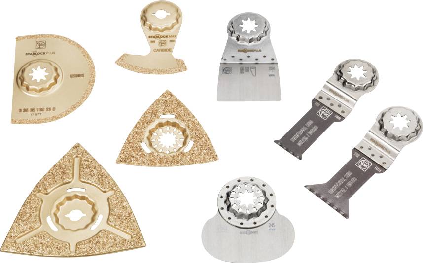 Several oscillating saw blades of various shapes and materials, designed for different cutting tasks.