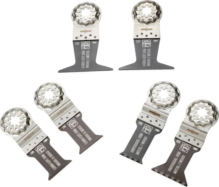 Five oscillating multi-tool saw blades in various designs and colours, suitable for woodworking and metalworking.