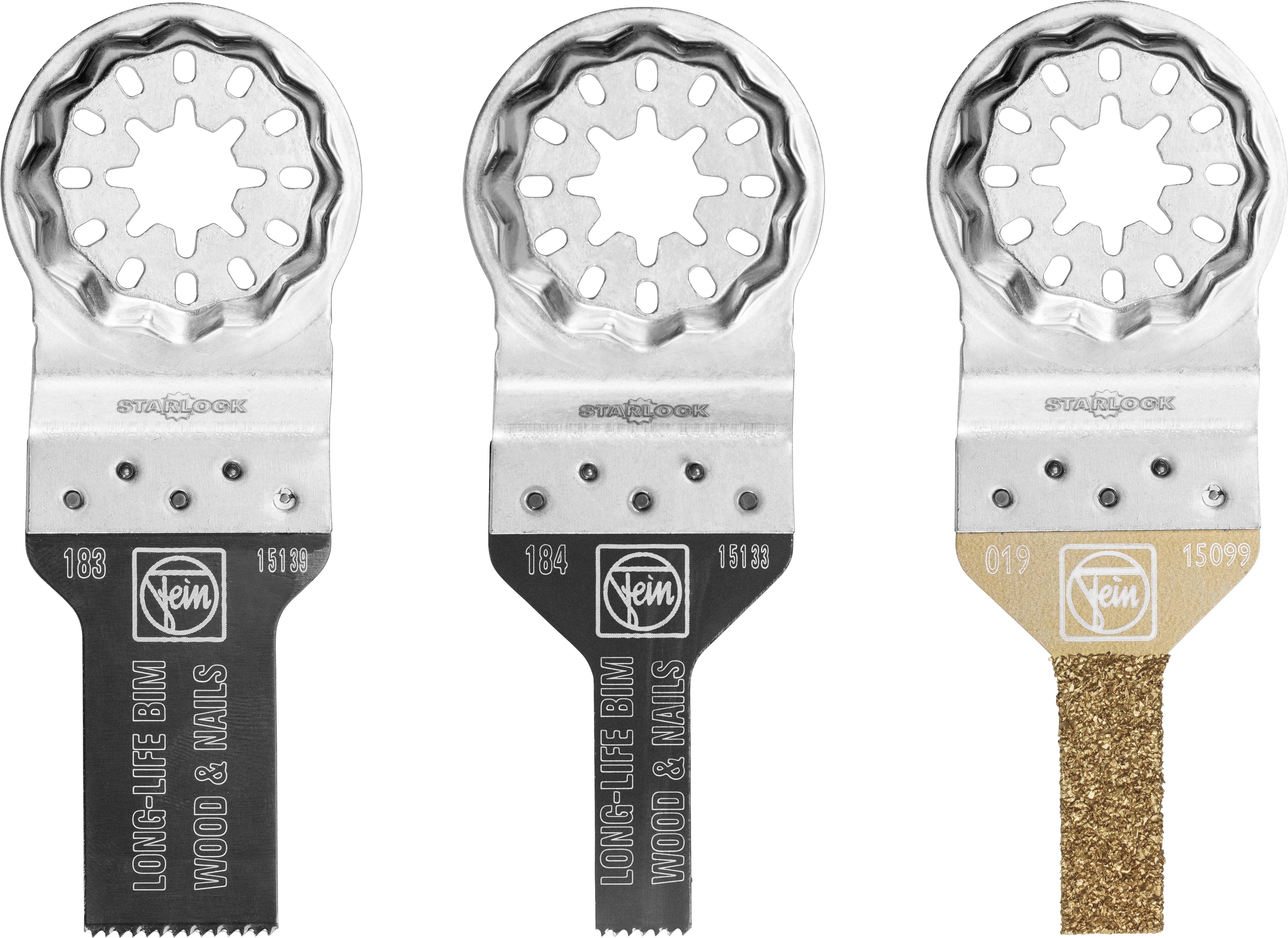Three different saw blades for multi-function tools, made of metal, some with serrated edges or grinding surfaces, for wood and nails.