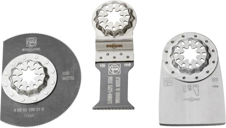 Three different oscillating metal saw blades, each with a specific shape and tooth configuration, for various cutting tasks.