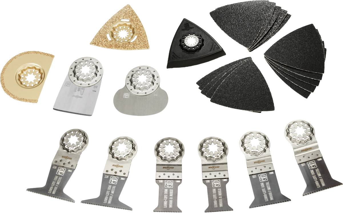 Various saw blades and grinding attachments for multi-purpose tools, arranged in different shapes and materials.