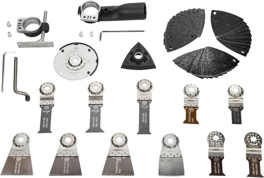 Various multitool saw blades and attachments on a white background, including sandpaper sets and accessory parts.