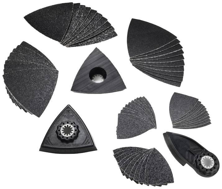 Various triangular sanding blades and attachments for a multi-tool, arranged in a circle on a white background.