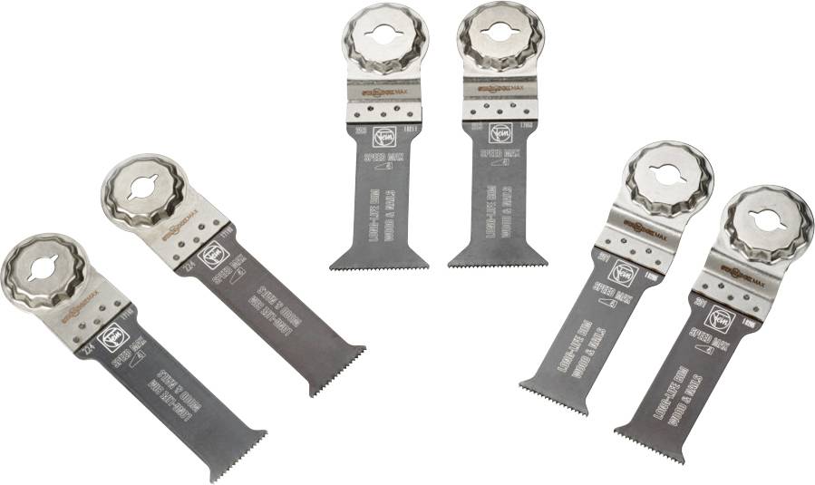Six oscillating saw blades in two rows. They are made of metal with serrated edges and suitable for versatile cutting tasks.