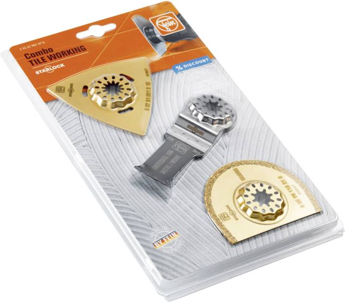 Multitool Accessory Set for Tiling: includes a segmented triangular sander, an oscillating cutting blade, and a round grinding disc.