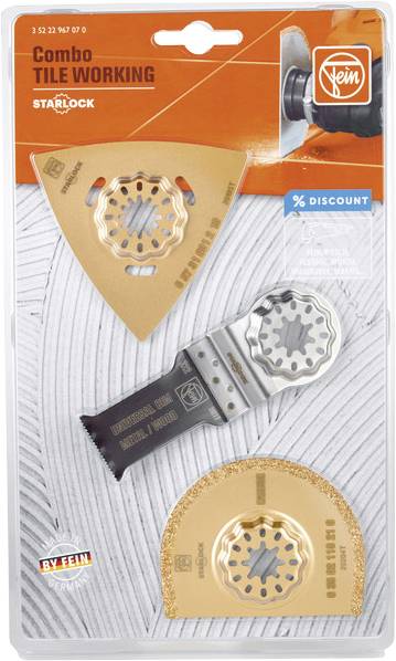 'Fein Combo Tile Working' Set with three special Starlock attachments for tile processing, shows 96% discount.