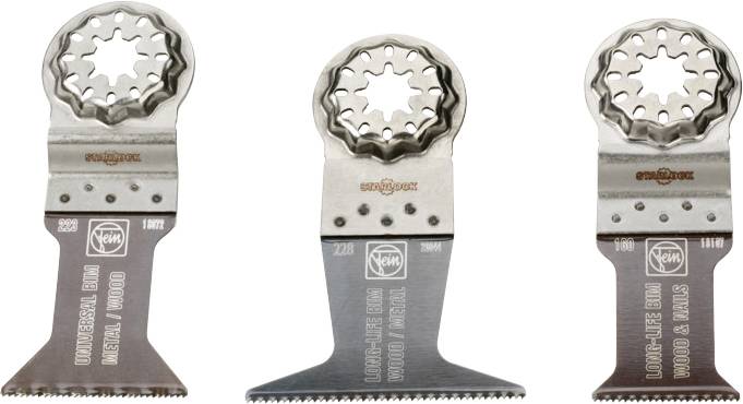 Three different oscillating saw blades with serrated metal mount, blades of varying shapes for different applications.
