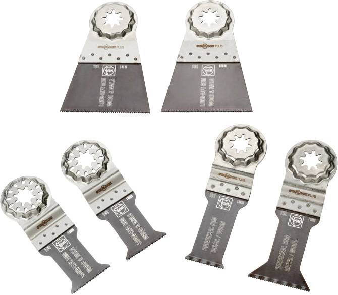 Five different saw blades for multi-functional tools. Varied shapes for different materials and applications.