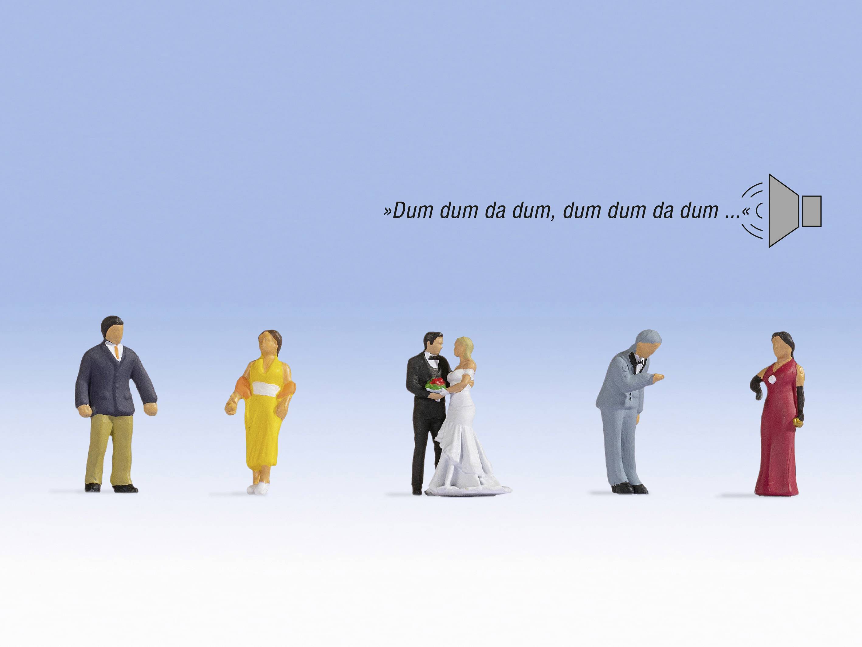 Miniature figures in wedding attire; groom holding the bride; speaker symbol with text 'Dum dum da dum, dum dum da dum...'.
