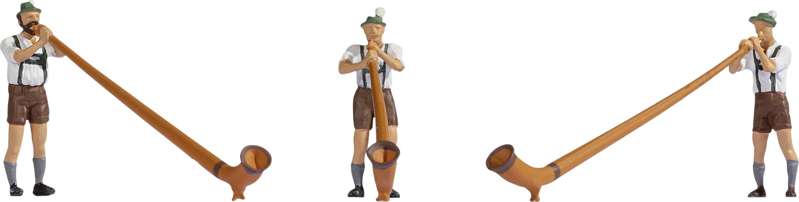 Three figures in traditional Bavarian attire are playing alphorns. They are wearing lederhosen and hats and are standing in a row.
