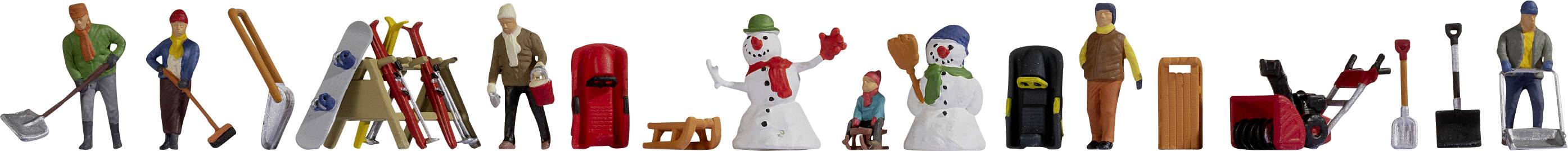 Various miniature figures working in winter: snow shovelling, ladder, sledge, snowman, snow blower and construction workers.