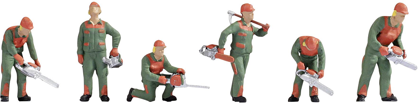 Six toy figures in workwear with chainsaws posing in different stances.