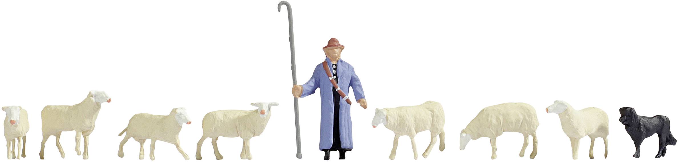 A shepherd in a blue robe and red hat stands with seven white sheep and one black sheep.