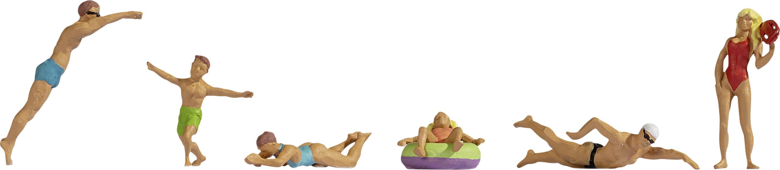 Toy figures in swimwear depicting various water sports: diving, swimming, and relaxing with a swimming ring.