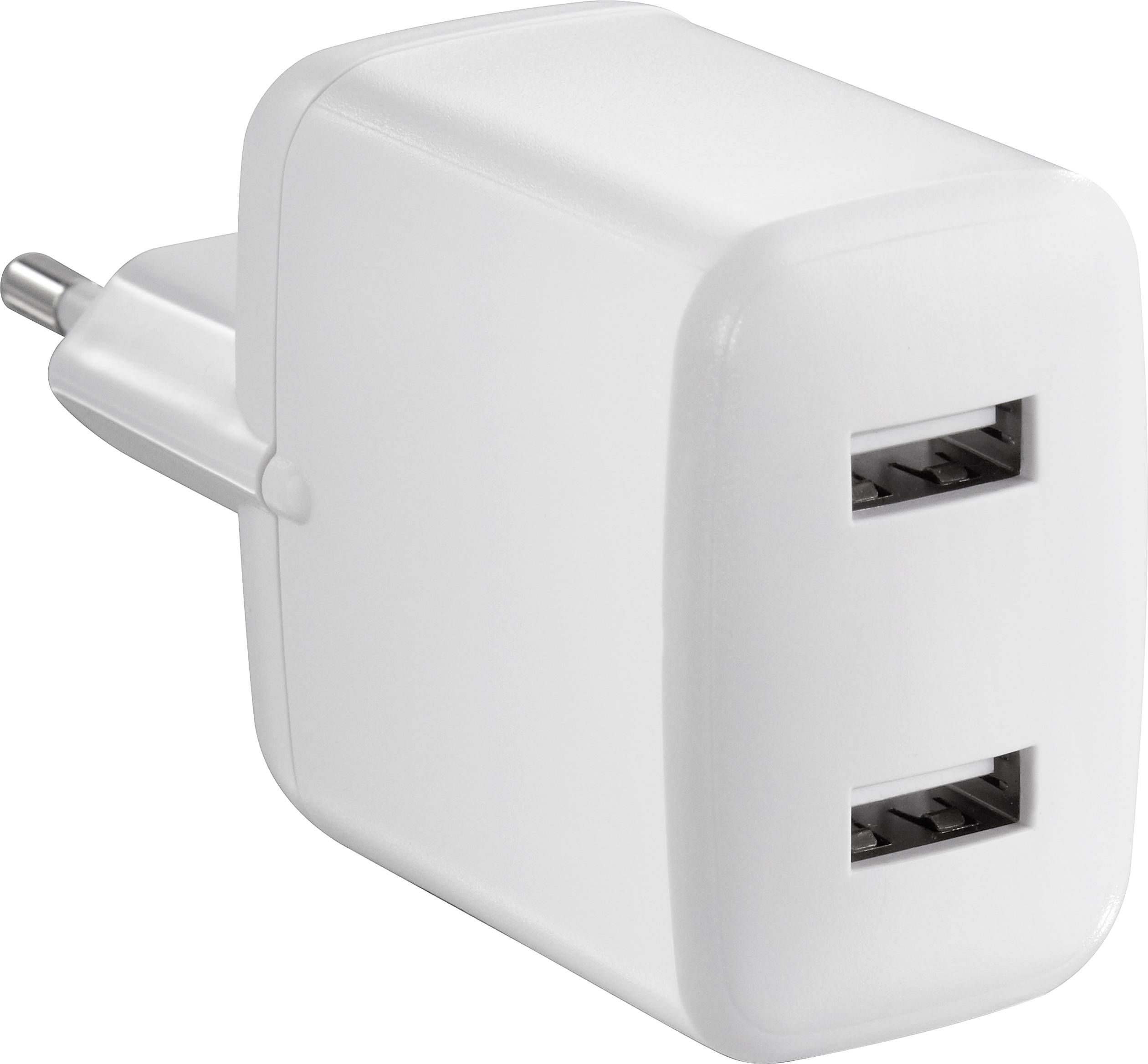 A white USB charger with two USB ports, used for charging electronic devices.