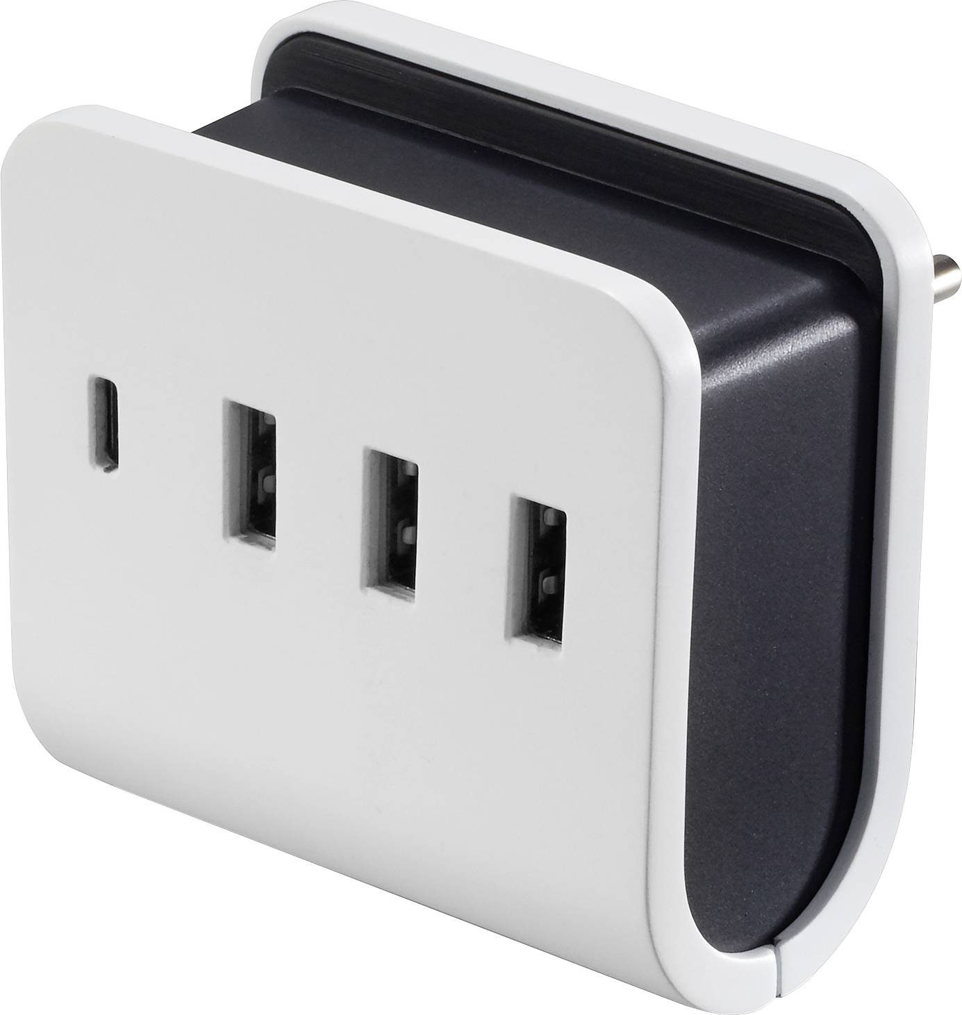 A white USB charger with three USB ports and a mains plug at the back. Ideal for charging multiple devices simultaneously.