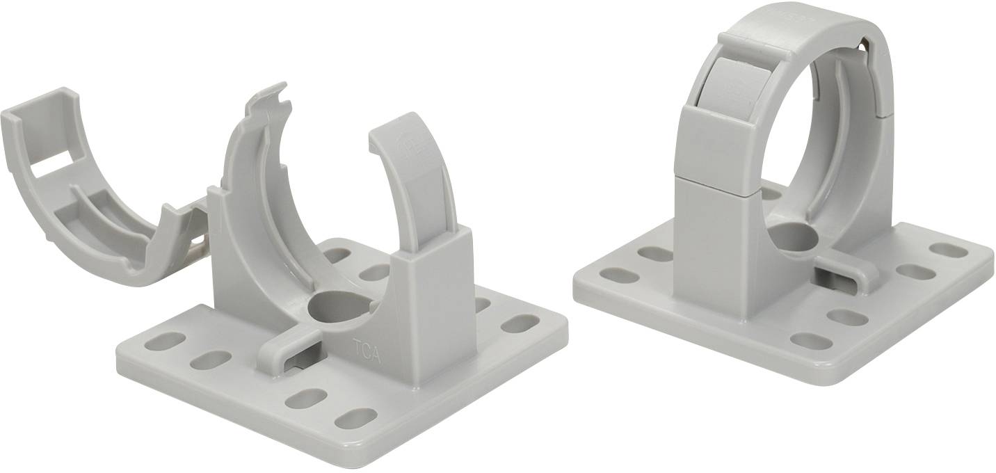 Two grey plastic pipe clips on square bases. One clip is open, the other closed. Both have mounting holes.