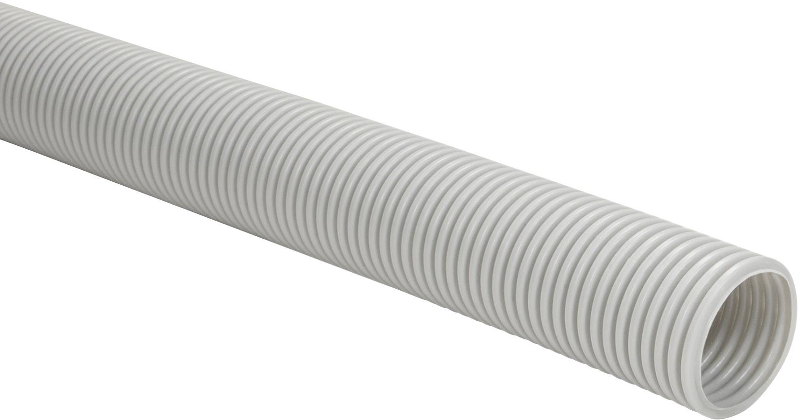 Grey, flexible corrugated pipe shown from the side against a white background.