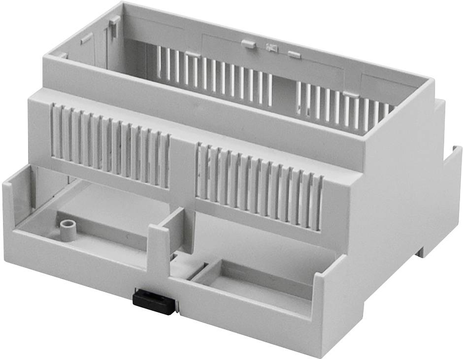 A rectangular, grey plastic enclosure with ventilated sides. Suitable for electronic modules or DIN rail mounting.