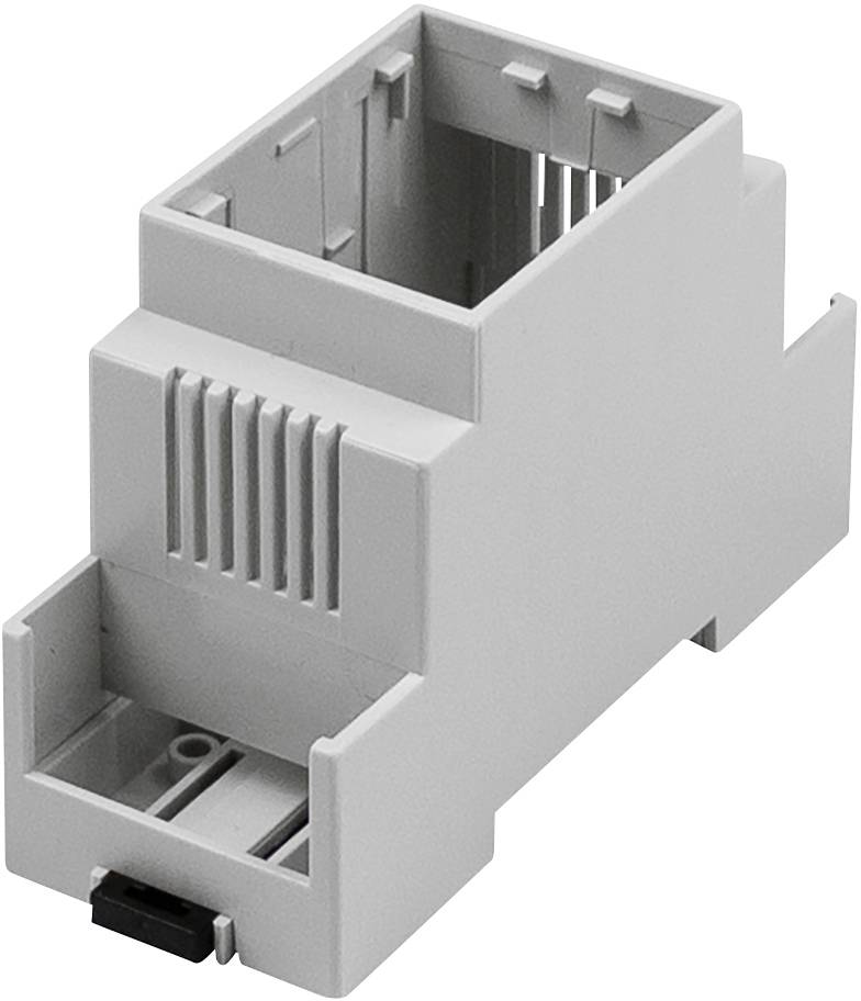 Grey, rectangular plastic casing, likely for electronic components or circuits, with ventilation slots.
