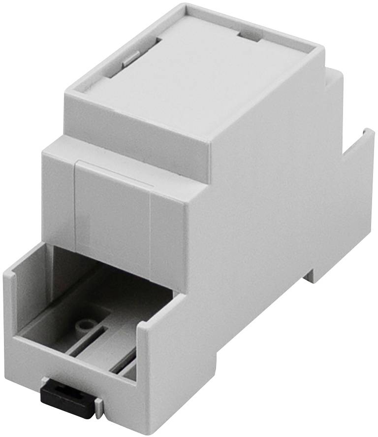 Grauer plastic enclosure, suitable for mounting on DIN rails, open with visible mounting slots.