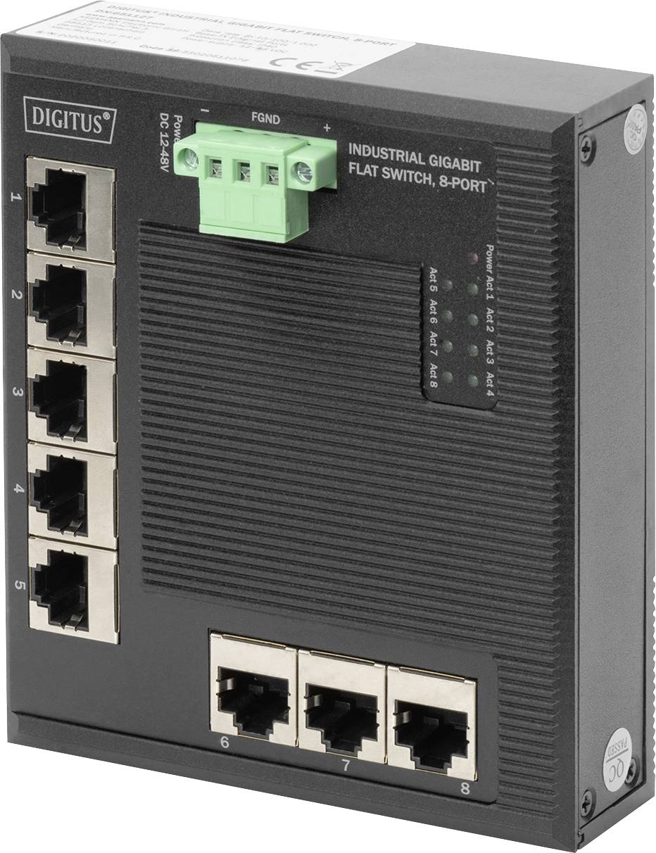 A black 8-port Gigabit industrial network switch by Digitus with green power connection terminal and LED indicators for network status.