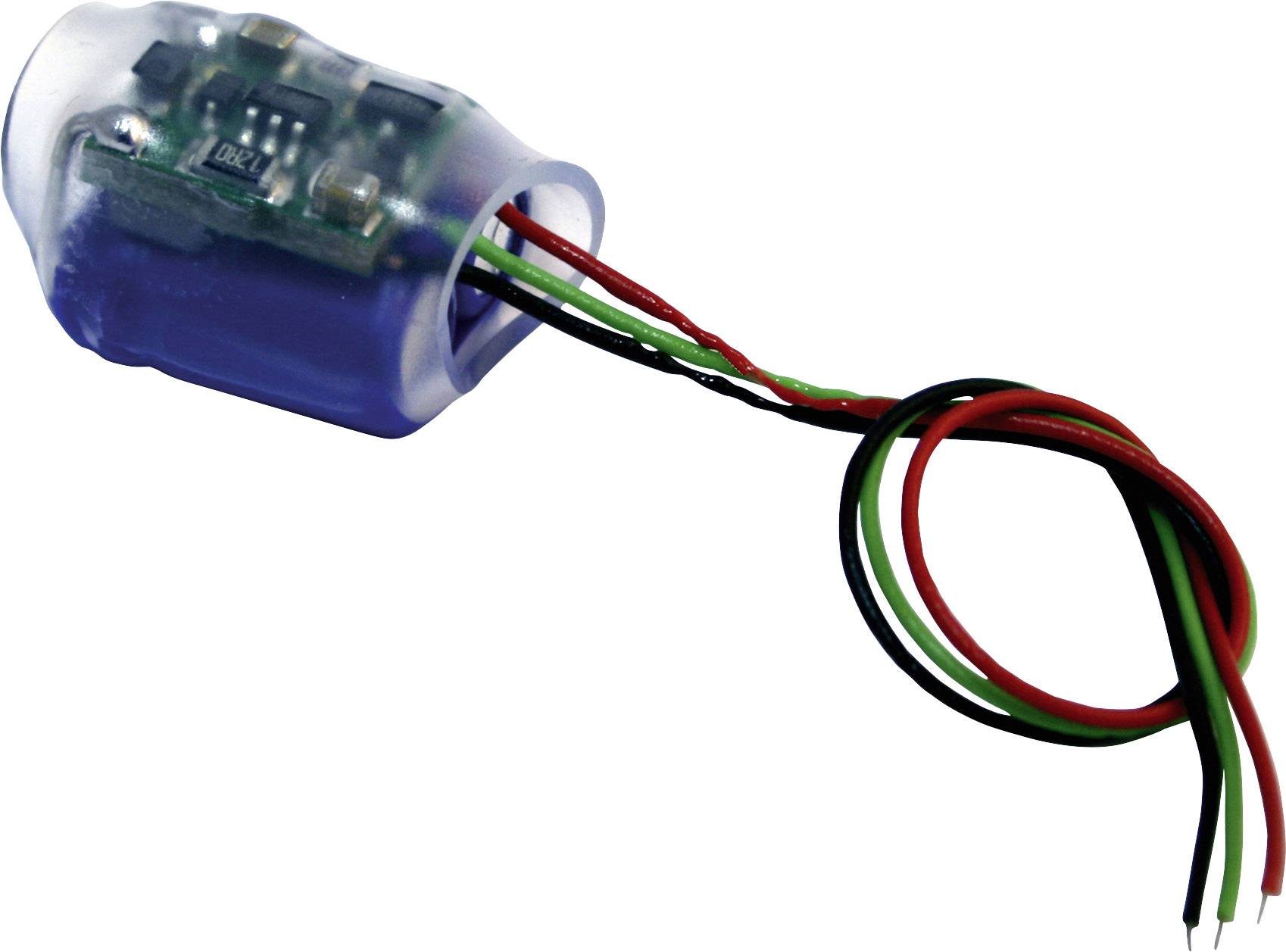 A small electronic sensor with cables in red, black, and green colours, used for temperature measurements.