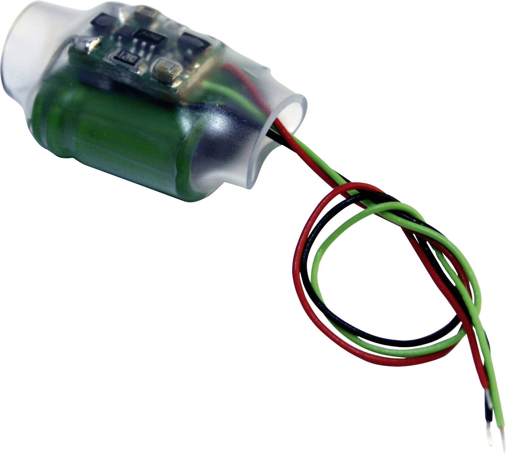 A round electronic sensor with a green casing and visible red, green, and black wires protruding from one side.