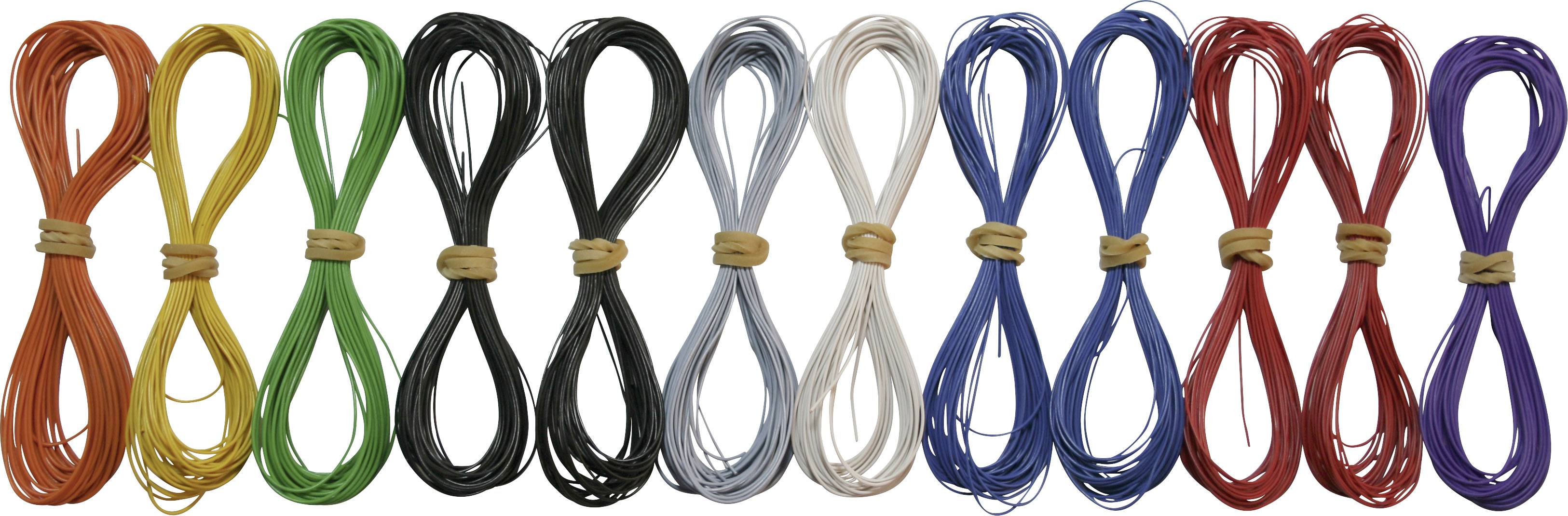 Eleven bundles of multi-coloured wires tied in loops, from left to right: orange, yellow, green, blue, black, grey, white, light blue, blue, red, purple.