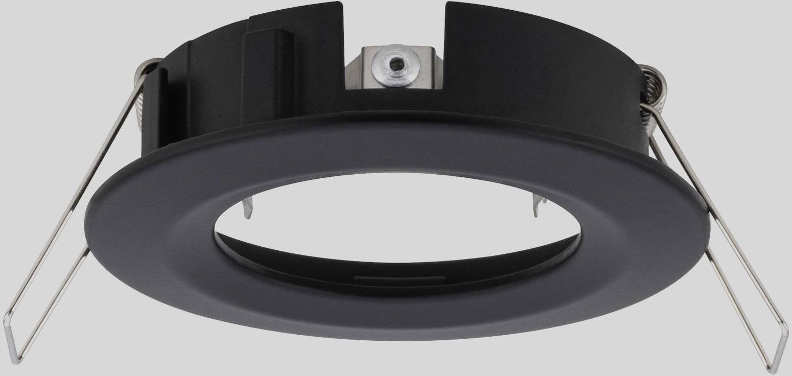 Round, black recessed light with metal brackets on both sides.