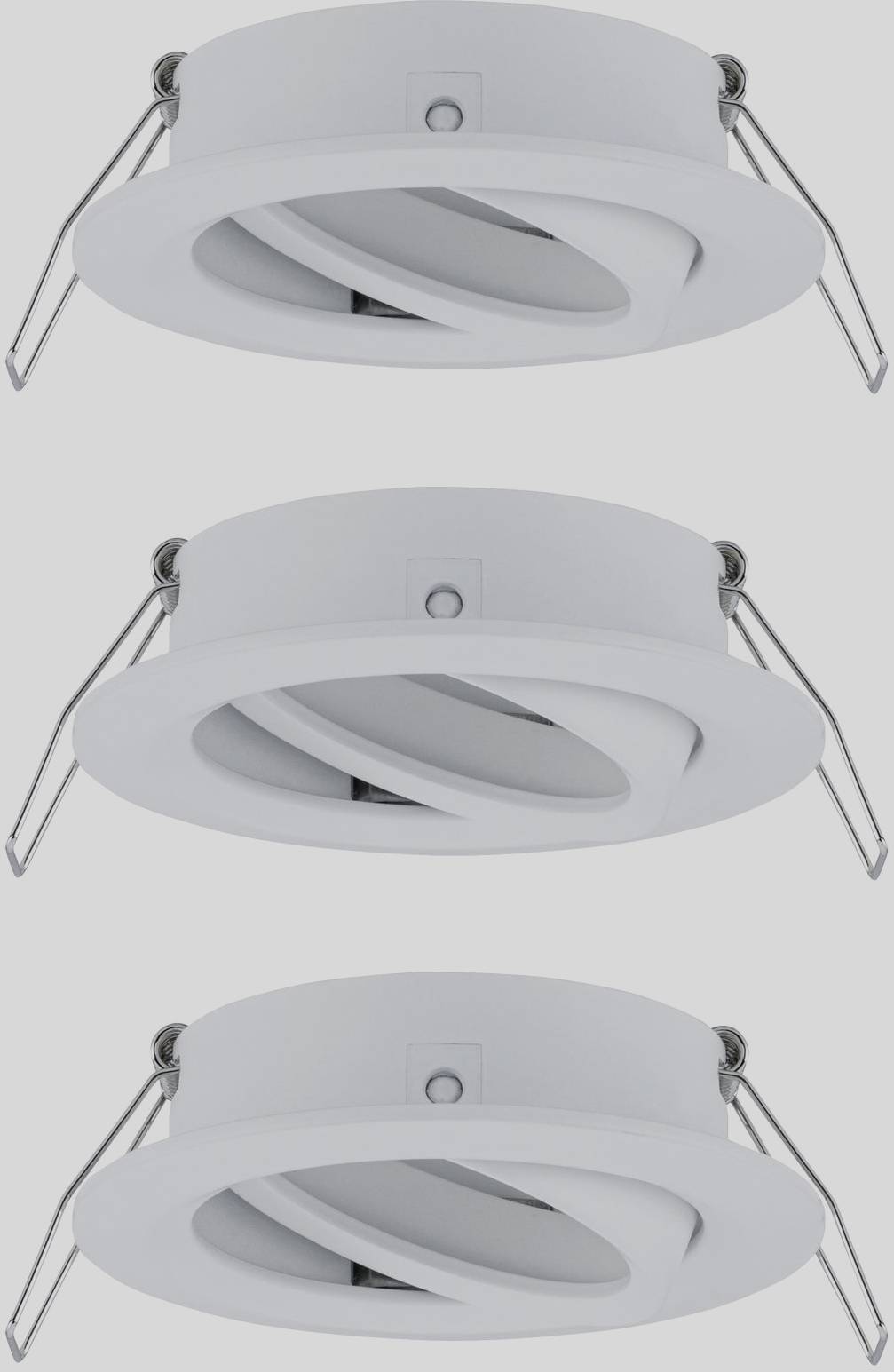 Three round, white LED recessed lights with a pivoting inner ring. Suitable for ceiling mounting, providing moderate to intense illumination.
