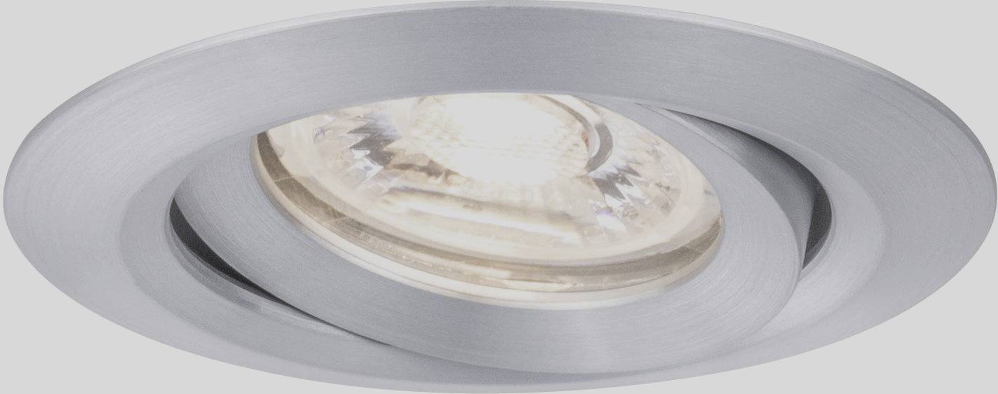 A modern, round LED ceiling spotlight with a silver housing that emits warm light.