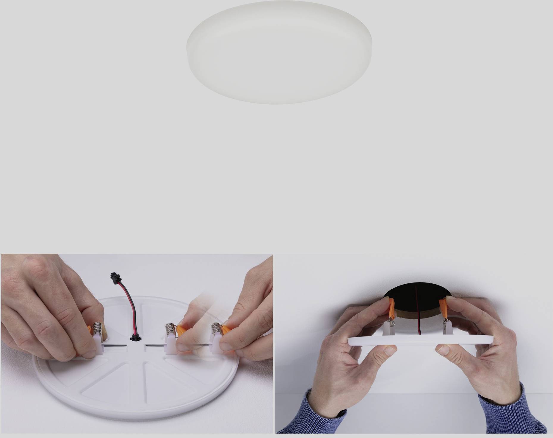A circular LED ceiling light is being mounted. Hands are securing the cables and installing the light fixture on the ceiling.