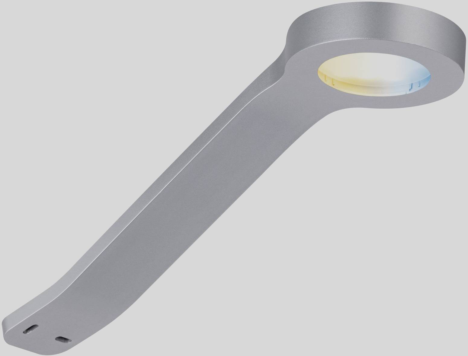 Public metal street lamp with modern design and circular light fixture.