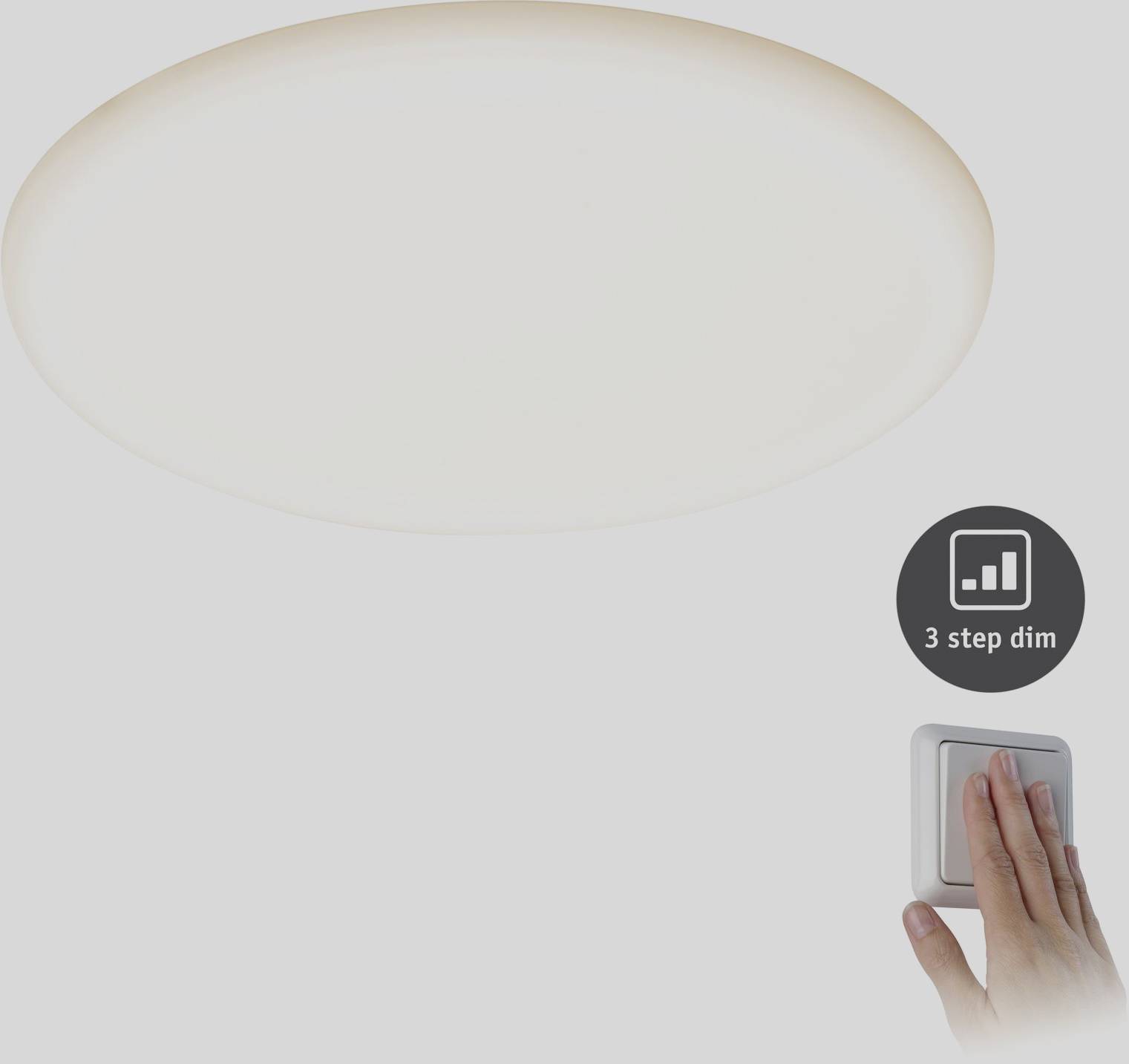 A round ceiling light is controlled via a wall switch. The switch has a '3-step dimming' option for brightness adjustment.