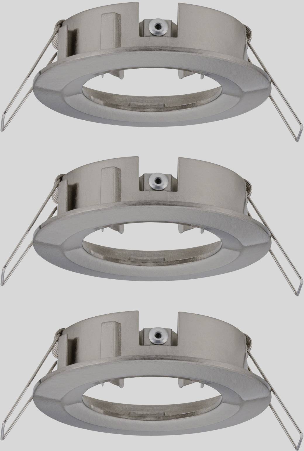 Three round, silver recessed lights with mounting brackets in a vertical arrangement on a grey background.