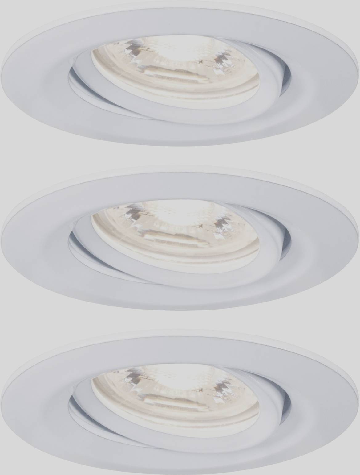 Three round, white recessed lights with warm white LED bulbs in a vertical arrangement on a grey background.
