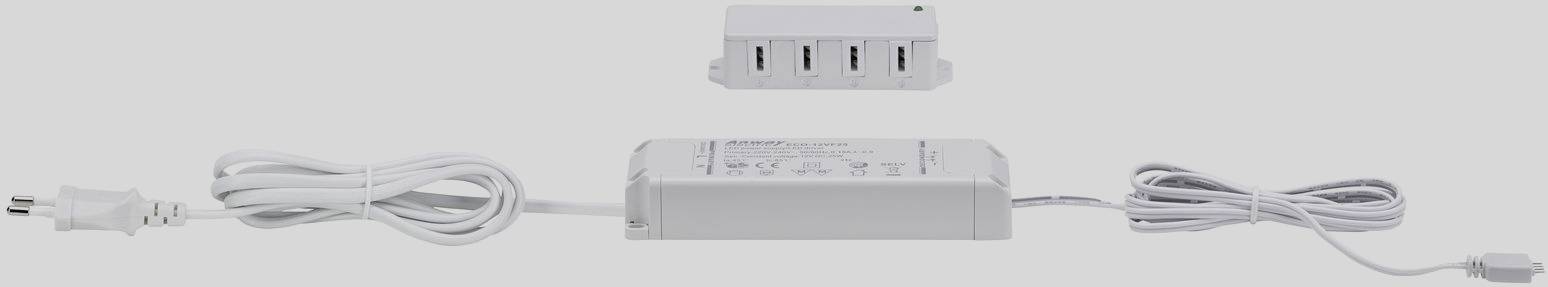 A power supply with a plug and cable and a USB charger with four ports, displayed on a light background.