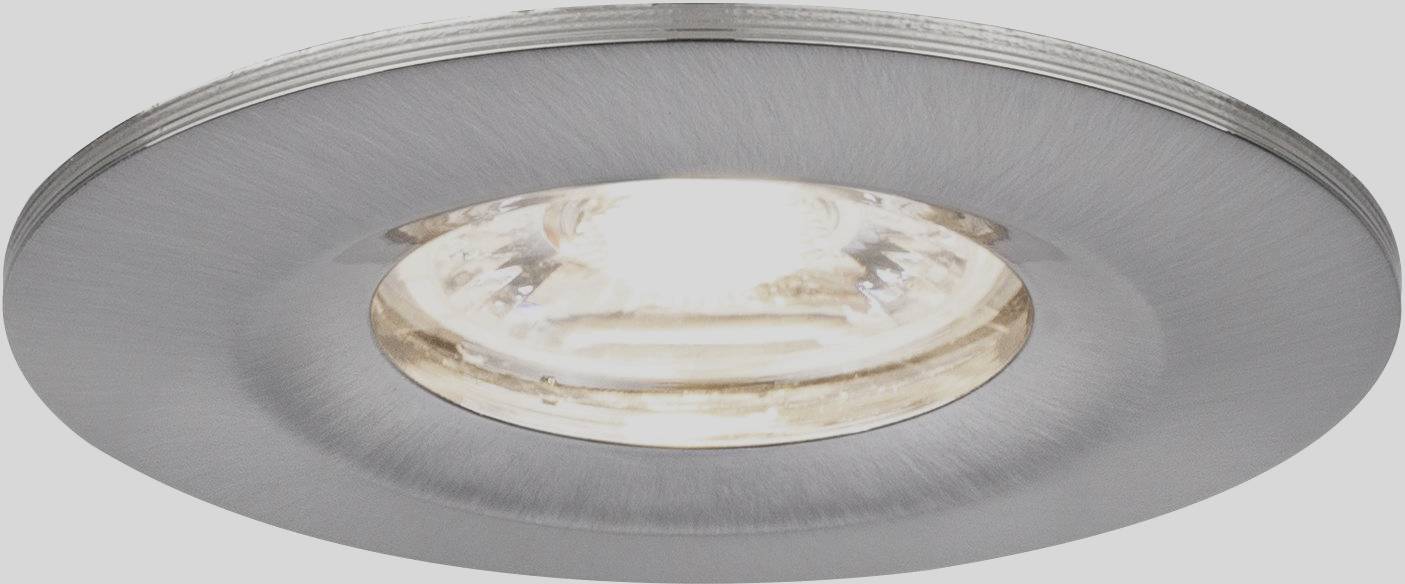 Recessed light fitting with a circular metal frame and visible light bulb, casting light downwards. Modern, minimalist design.