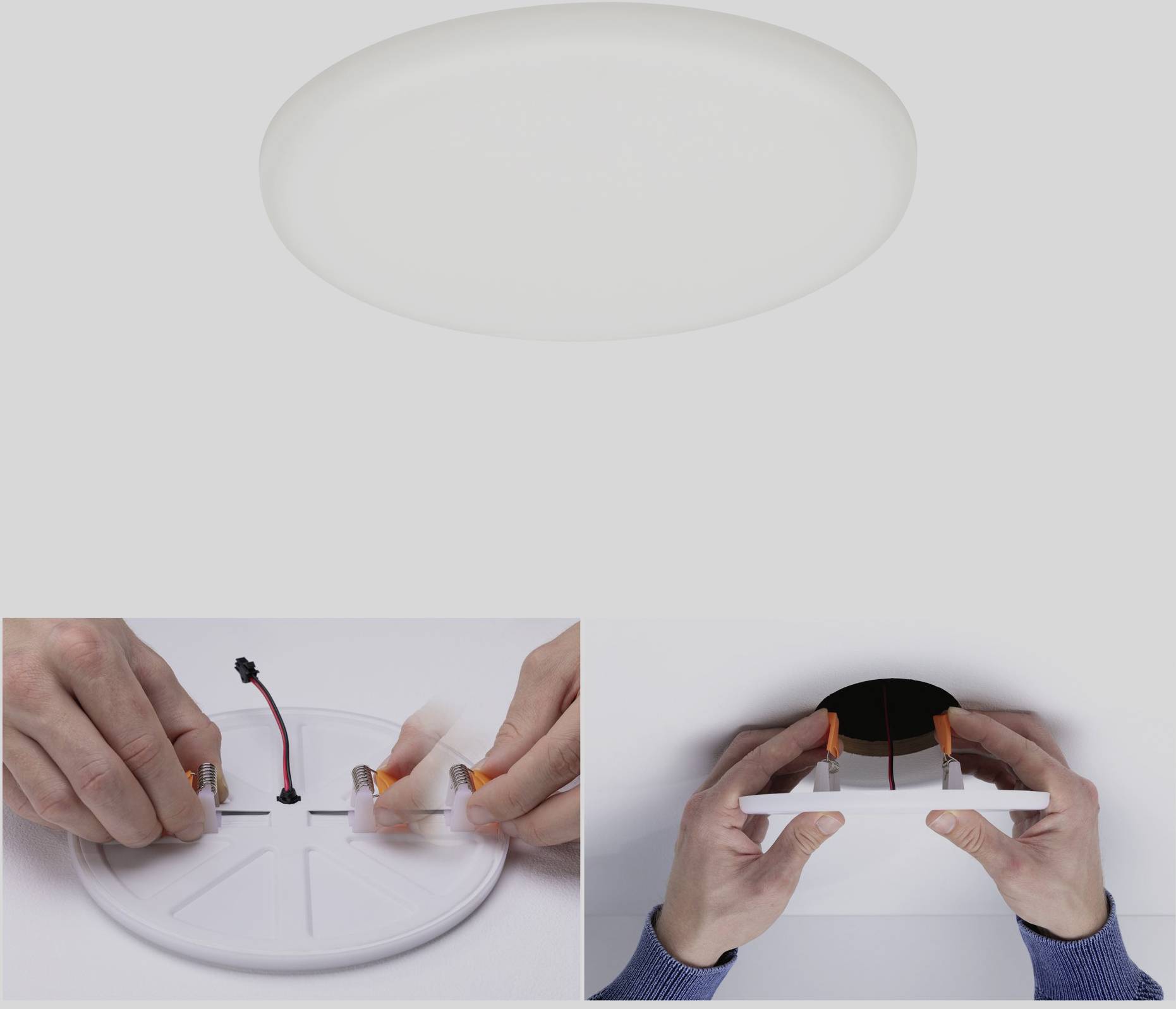 A round LED ceiling light and steps for installation. Top: Light. Bottom left: Connect wires. Bottom right: Attach light to ceiling.