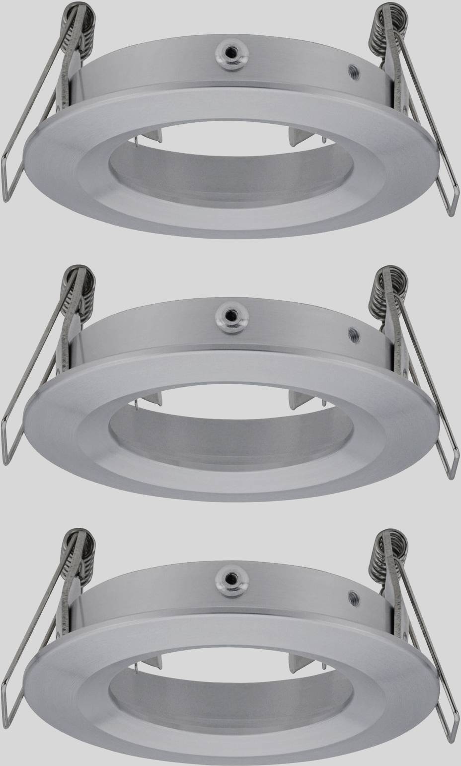 Three silver recessed mounting frames for LED downlights, each with spring clips for easy installation in ceilings.